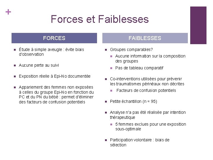 + Forces et Faiblesses FORCES n Étude à simple aveugle : évite biais d’observation + Forces et Faiblesses FORCES n Étude à simple aveugle : évite biais d’observation