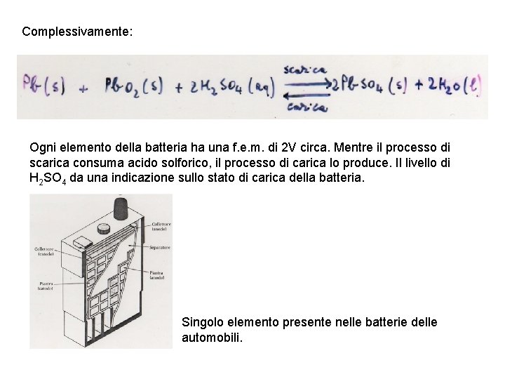 Complessivamente: Ogni elemento della batteria ha una f. e. m. di 2 V circa.