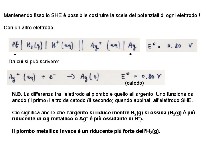 Mantenendo fisso lo SHE è possibile costruire la scala dei potenziali di ogni elettrodo!!