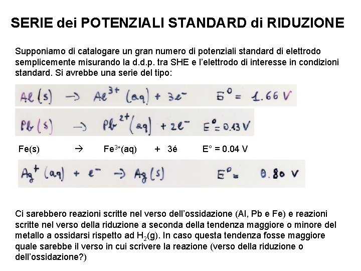 SERIE dei POTENZIALI STANDARD di RIDUZIONE Supponiamo di catalogare un gran numero di potenziali