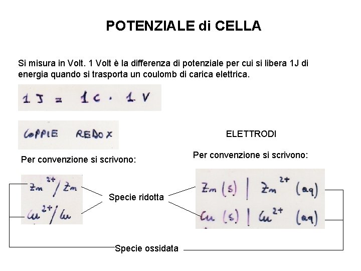 POTENZIALE di CELLA Si misura in Volt. 1 Volt è la differenza di potenziale