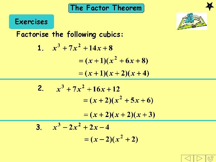 The Factor Theorem Exercises Factorise the following cubics: 1. 2. 3. 