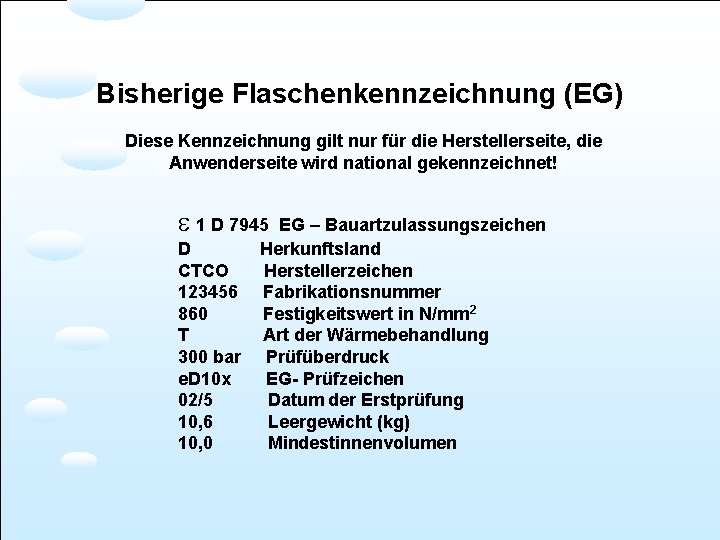 Bisherige Flaschenkennzeichnung (EG) Diese Kennzeichnung gilt nur für die Herstellerseite, die Anwenderseite wird national