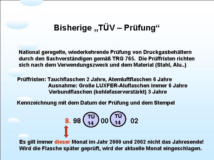 Bisherige „TÜV – Prüfung“ National geregelte, wiederkehrende Prüfung von Druckgasbehältern durch den Sachverständigen gemäß