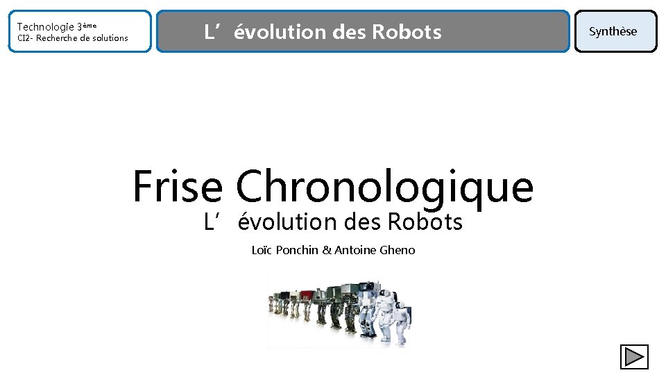 Technologie 3ème CI 2 - Recherche de solutions L’évolution des Robots Frise Chronologique L’évolution