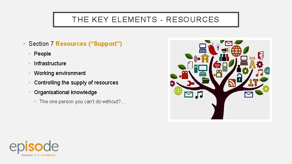 THE KEY ELEMENTS - RESOURCES • Section 7 Resources (“Support”) • People • Infrastructure