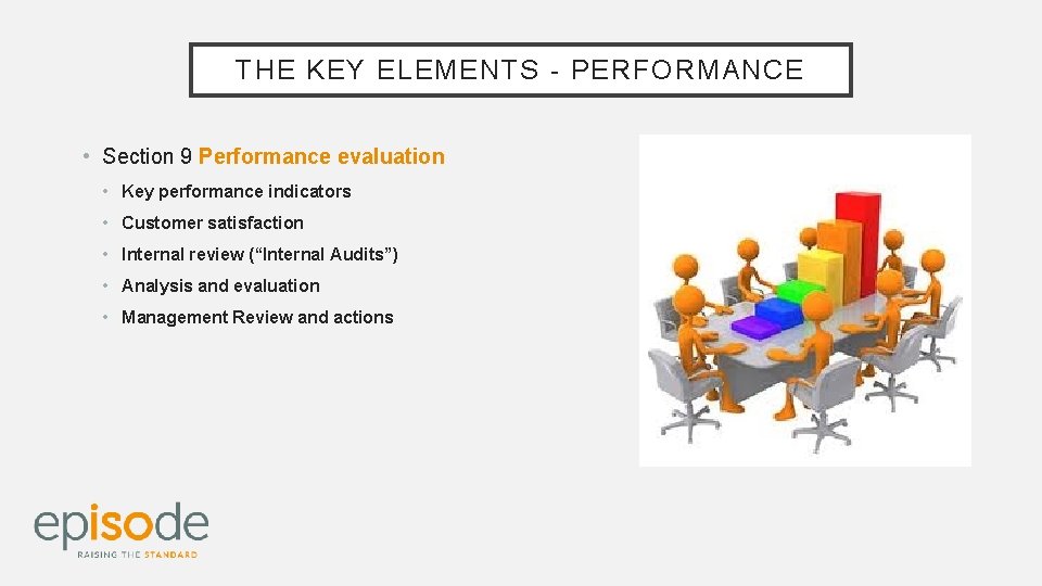 THE KEY ELEMENTS - PERFORMANCE • Section 9 Performance evaluation • Key performance indicators