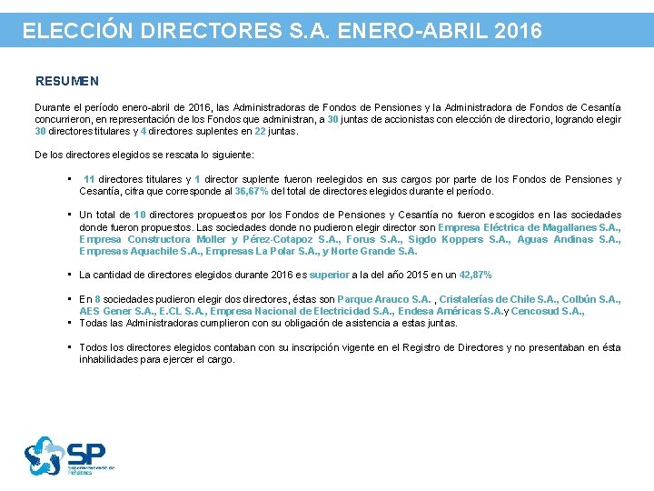 ELECCIÓN DIRECTORES S. A. ENERO-ABRIL 2016 RESUMEN Durante el período enero-abril de 2016, las