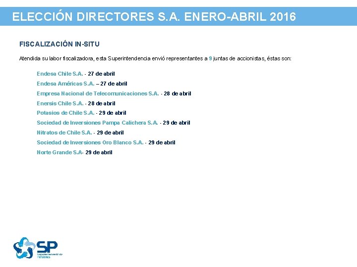 ELECCIÓN DIRECTORES S. A. ENERO-ABRIL 2016 FISCALIZACIÓN IN-SITU Atendida su labor fiscalizadora, esta Superintendencia