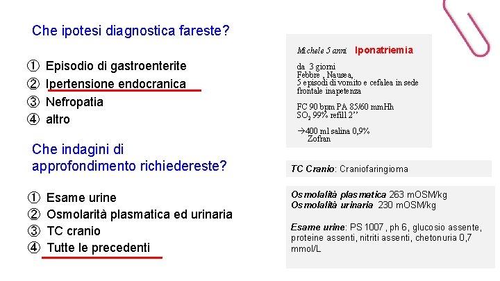 Che ipotesi diagnostica fareste? Michele 5 anni Iponatriemia ① ② ③ ④ Episodio di