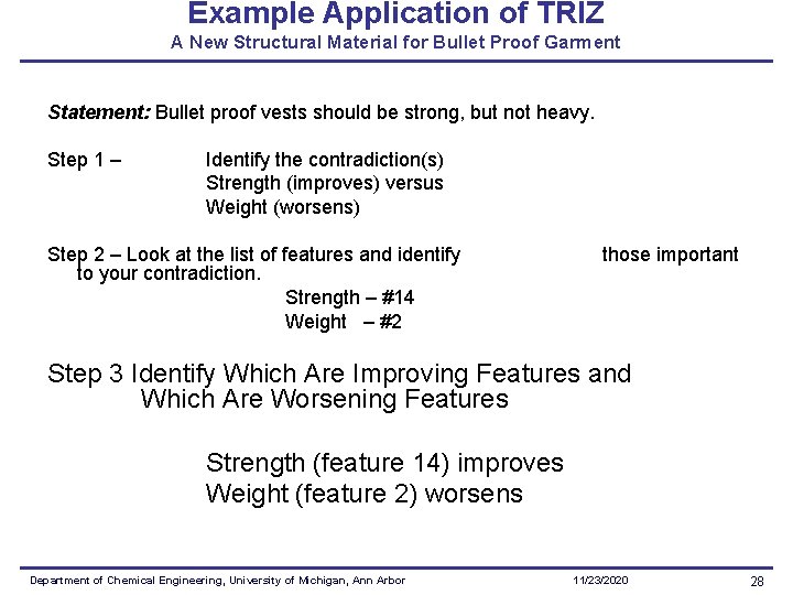 Example Application of TRIZ A New Structural Material for Bullet Proof Garment Statement: Bullet