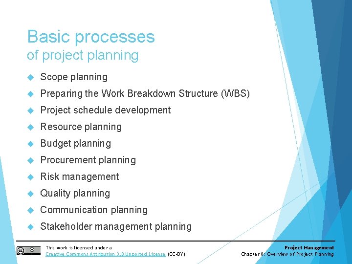 Basic processes of project planning Scope planning Preparing the Work Breakdown Structure (WBS) Project