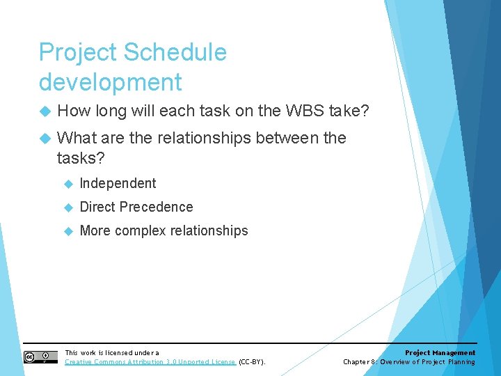 Project Schedule development How long will each task on the WBS take? What are