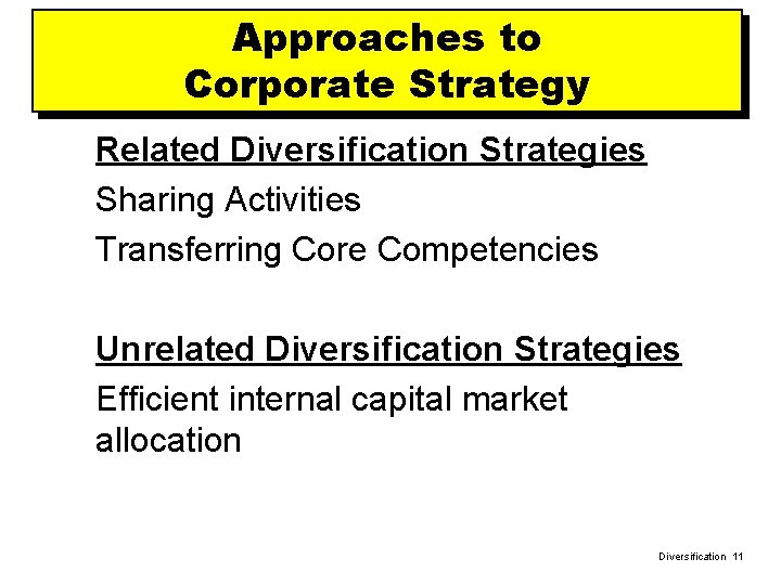 Approaches to Corporate Strategy Related Diversification Strategies Sharing Activities Transferring Core Competencies Unrelated Diversification