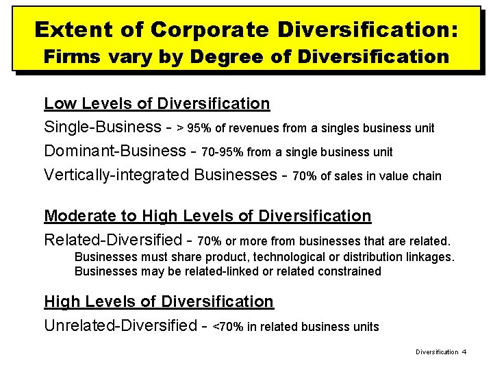 Extent of Corporate Diversification: Firms vary by Degree of Diversification Low Levels of Diversification