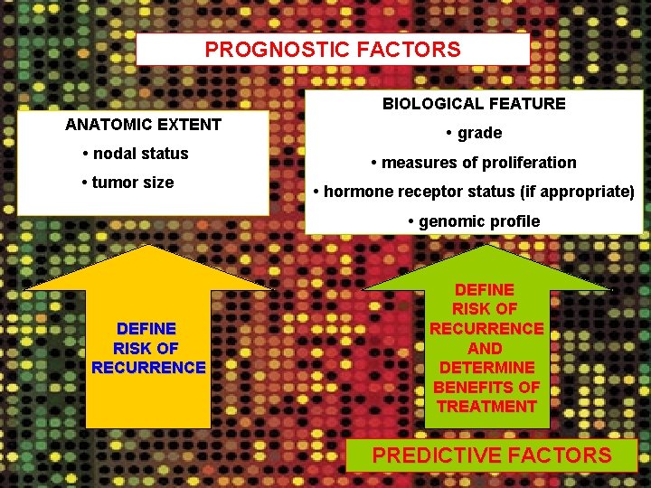 PROGNOSTIC FACTORS BIOLOGICAL FEATURE ANATOMIC EXTENT • nodal status • tumor size • grade