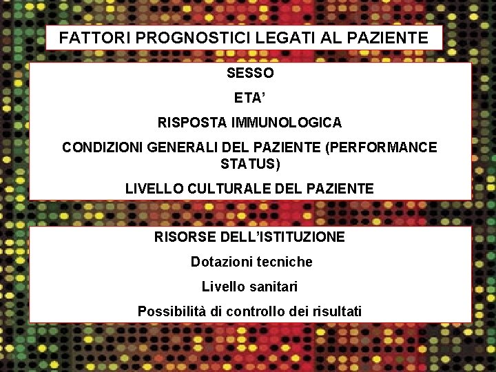 FATTORI PROGNOSTICI LEGATI AL PAZIENTE SESSO ETA’ RISPOSTA IMMUNOLOGICA CONDIZIONI GENERALI DEL PAZIENTE (PERFORMANCE