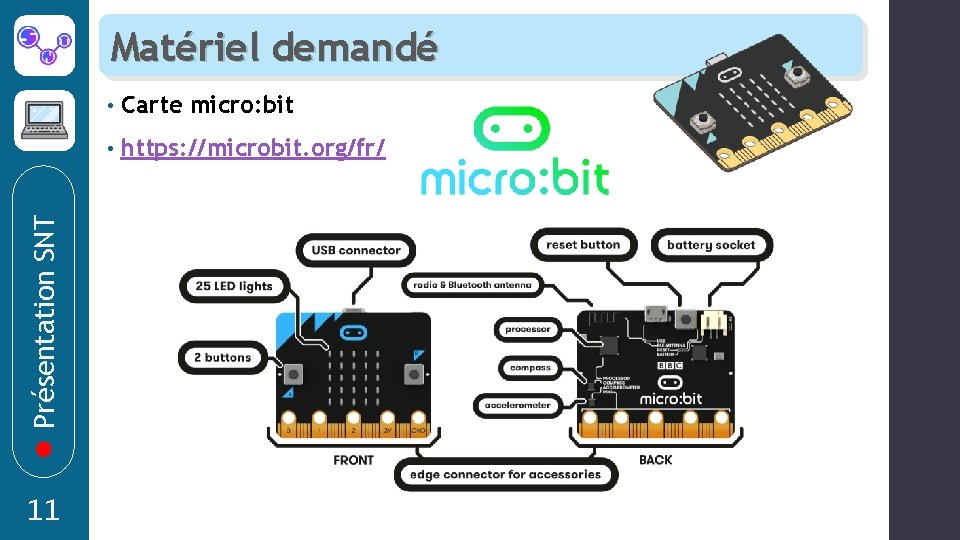 Présentation SNT Matériel demandé 11 • Carte micro: bit • https: //microbit. org/fr/ 