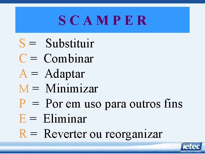 SCAMPER S= C= A= M= P = E= R= Substituir Combinar Adaptar Minimizar Por