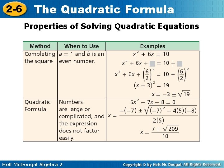 2 -6 The Quadratic Formula Properties of Solving Quadratic Equations Holt Mc. Dougal Algebra