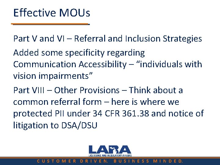 Effective MOUs Part V and VI – Referral and Inclusion Strategies Added some specificity