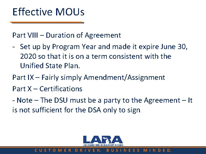 Effective MOUs Part VIII – Duration of Agreement - Set up by Program Year