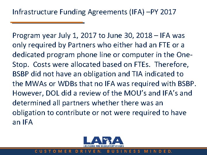 Infrastructure Funding Agreements (IFA) –PY 2017 Program year July 1, 2017 to June 30,