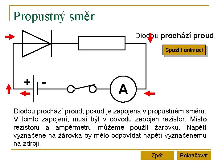 Propustný směr Diodou prochází proud. Spustit animaci + - A Diodou prochází proud, pokud Propustný směr Diodou prochází proud. Spustit animaci + - A Diodou prochází proud, pokud