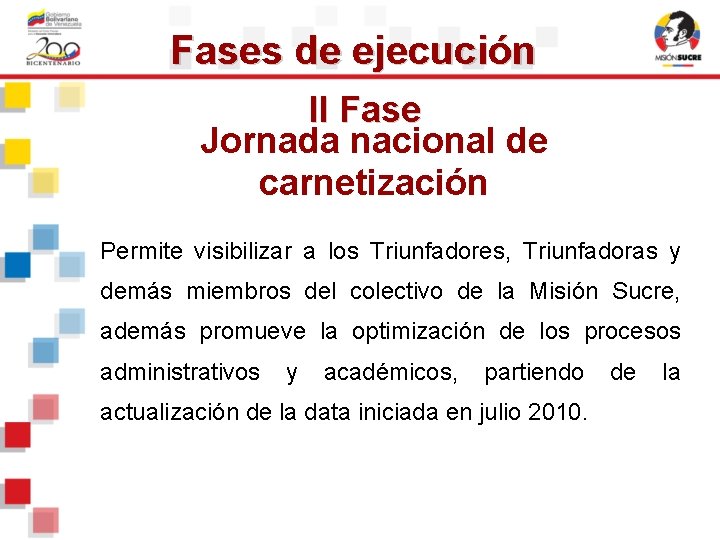 Fases de ejecución II Fase Jornada nacional de carnetización Permite visibilizar a los Triunfadores, Fases de ejecución II Fase Jornada nacional de carnetización Permite visibilizar a los Triunfadores,