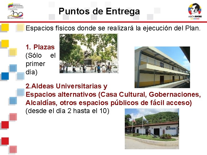 Puntos de Entrega Espacios físicos donde se realizará la ejecución del Plan. 1. Plazas Puntos de Entrega Espacios físicos donde se realizará la ejecución del Plan. 1. Plazas