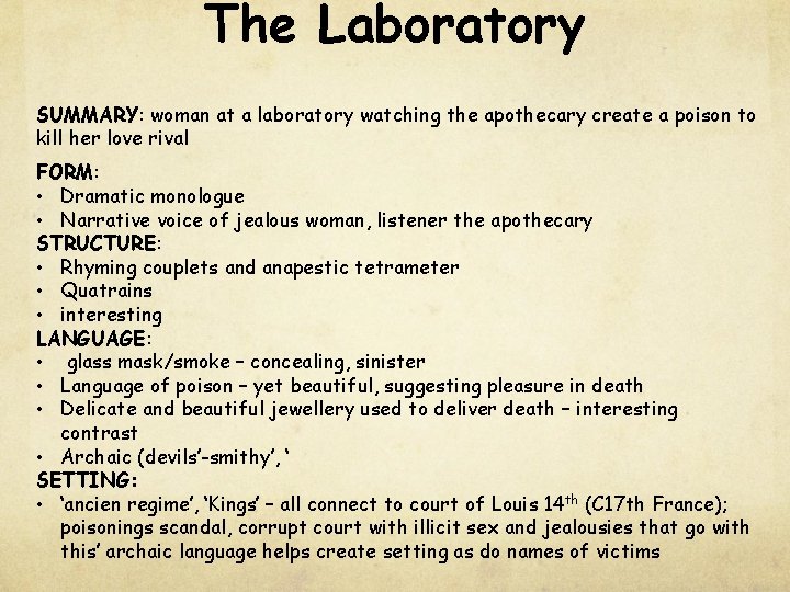 The Laboratory SUMMARY: woman at a laboratory watching the apothecary create a poison to