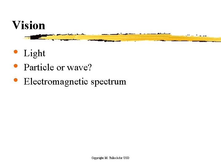 Vision • • • Light Particle or wave? Electromagnetic spectrum Copyright M. Tulloch for