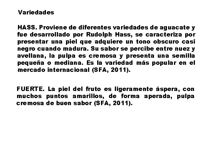 Variedades HASS. Proviene de diferentes variedades de aguacate y fue desarrollado por Rudolph Hass,