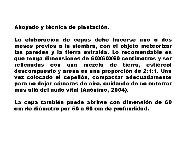 Ahoyado y técnica de plantación. La elaboración de cepas debe hacerse uno o dos