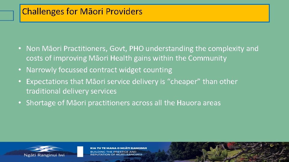 Challenges for Māori Providers • Non Māori Practitioners, Govt, PHO understanding the complexity and