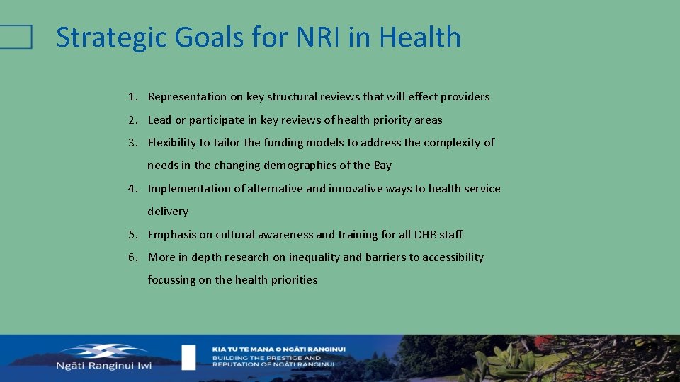 Strategic Goals for NRI in Health 1. Representation on key structural reviews that will