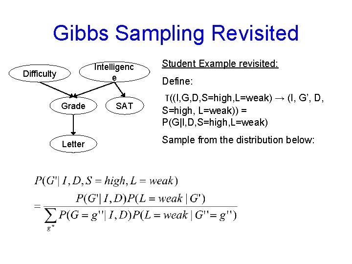 Gibbs Sampling Revisited Intelligenc e Difficulty Grade Letter SAT Student Example revisited: Define: T((I,