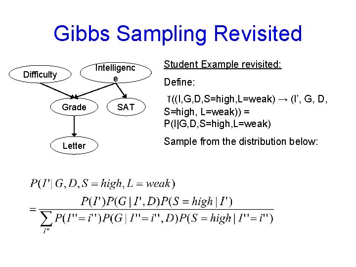 Gibbs Sampling Revisited Intelligenc e Difficulty Grade Letter SAT Student Example revisited: Define: T((I,