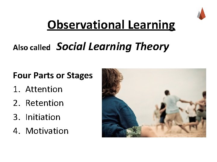 Observational Learning Also called Social Learning Theory Four Parts or Stages 1. Attention 2.