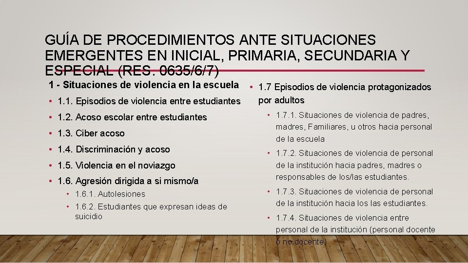 GUÍA DE PROCEDIMIENTOS ANTE SITUACIONES EMERGENTES EN INICIAL, PRIMARIA, SECUNDARIA Y ESPECIAL (RES. 0635/6/7) GUÍA DE PROCEDIMIENTOS ANTE SITUACIONES EMERGENTES EN INICIAL, PRIMARIA, SECUNDARIA Y ESPECIAL (RES. 0635/6/7)