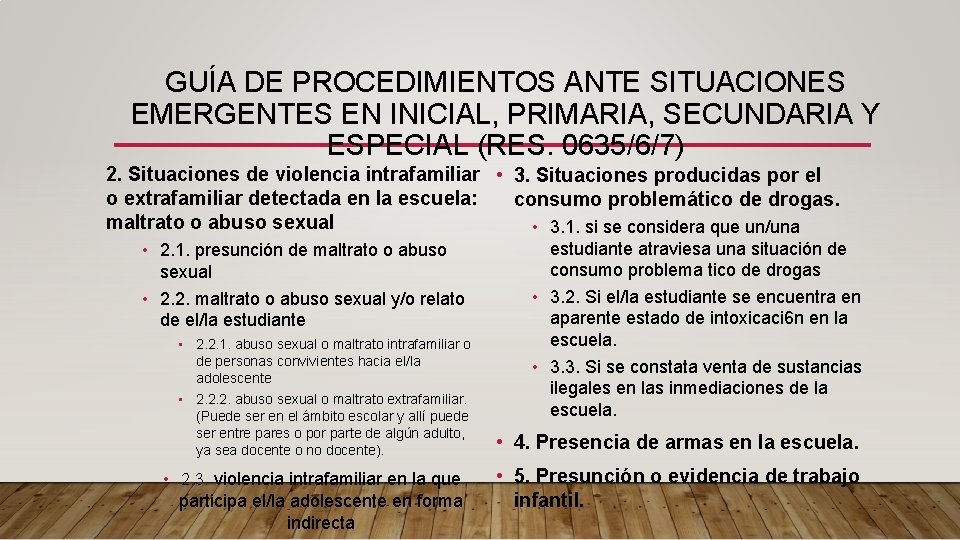 GUÍA DE PROCEDIMIENTOS ANTE SITUACIONES EMERGENTES EN INICIAL, PRIMARIA, SECUNDARIA Y ESPECIAL (RES. 0635/6/7) GUÍA DE PROCEDIMIENTOS ANTE SITUACIONES EMERGENTES EN INICIAL, PRIMARIA, SECUNDARIA Y ESPECIAL (RES. 0635/6/7)