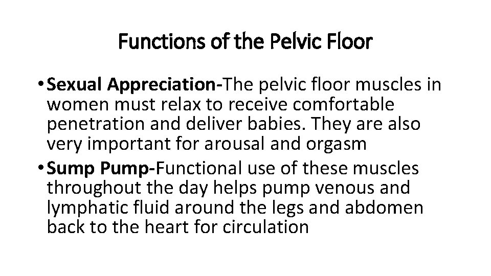 Functions of the Pelvic Floor • Sexual Appreciation-The pelvic floor muscles in women must