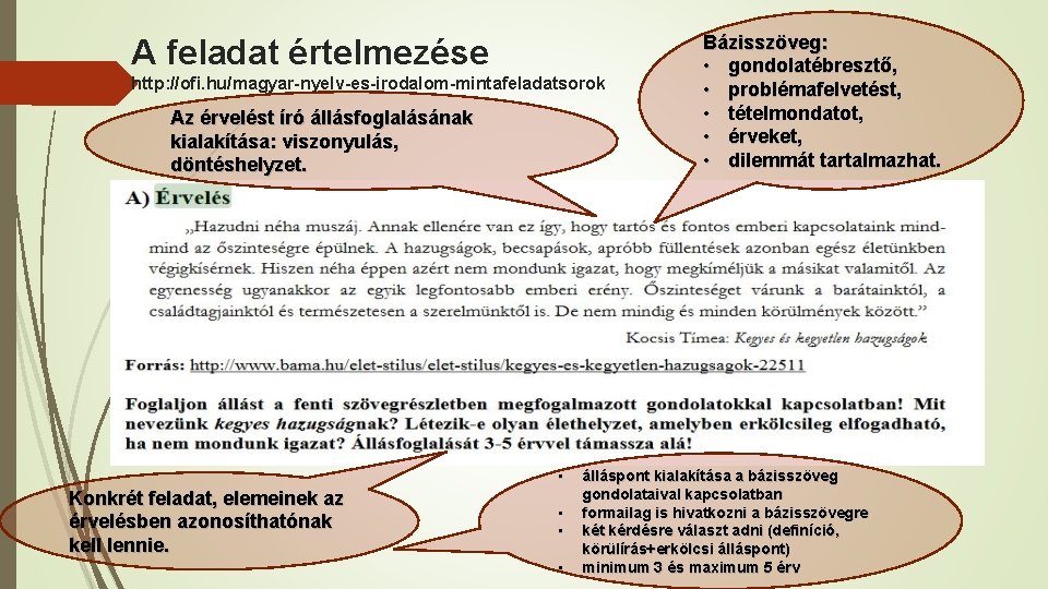 A feladat értelmezése http: //ofi. hu/magyar-nyelv-es-irodalom-mintafeladatsorok Az érvelést író állásfoglalásának kialakítása: viszonyulás, döntéshelyzet. •