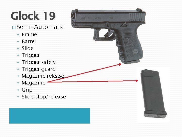 Glock 19 � Semi-Automatic ◦ ◦ ◦ ◦ ◦ Frame Barrel Slide Trigger safety