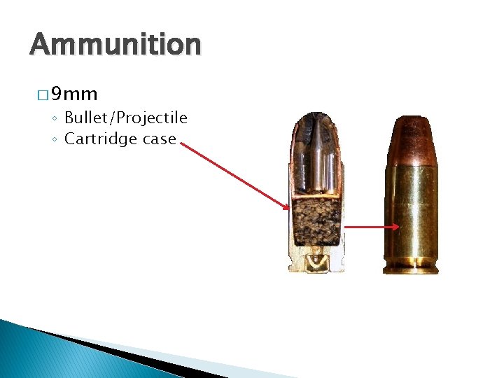 Ammunition � 9 mm ◦ Bullet/Projectile ◦ Cartridge case 