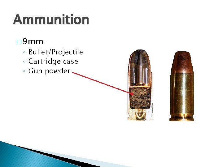 Ammunition � 9 mm ◦ Bullet/Projectile ◦ Cartridge case ◦ Gun powder 