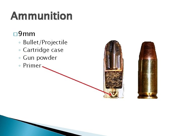 Ammunition � 9 mm ◦ ◦ Bullet/Projectile Cartridge case Gun powder Primer 