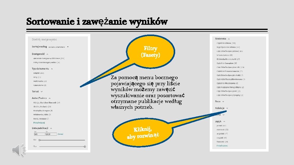 Sortowanie i zawężanie wyników Filtry (Fasety) Za pomocą menu bocznego pojawiającego się przy liście Sortowanie i zawężanie wyników Filtry (Fasety) Za pomocą menu bocznego pojawiającego się przy liście
