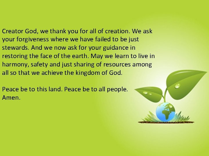 Creator God, we thank you for all of creation. We ask your forgiveness where