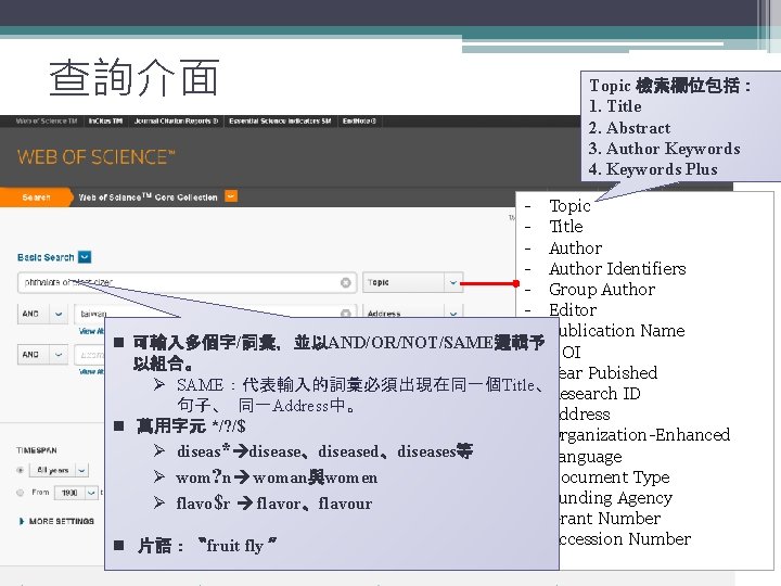 查詢介面 Topic 檢索欄位包括： 1. Title 2. Abstract 3. Author Keywords 4. Keywords Plus -